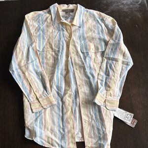 Blue and Yellow Button Down Shirt with Striped Pattern